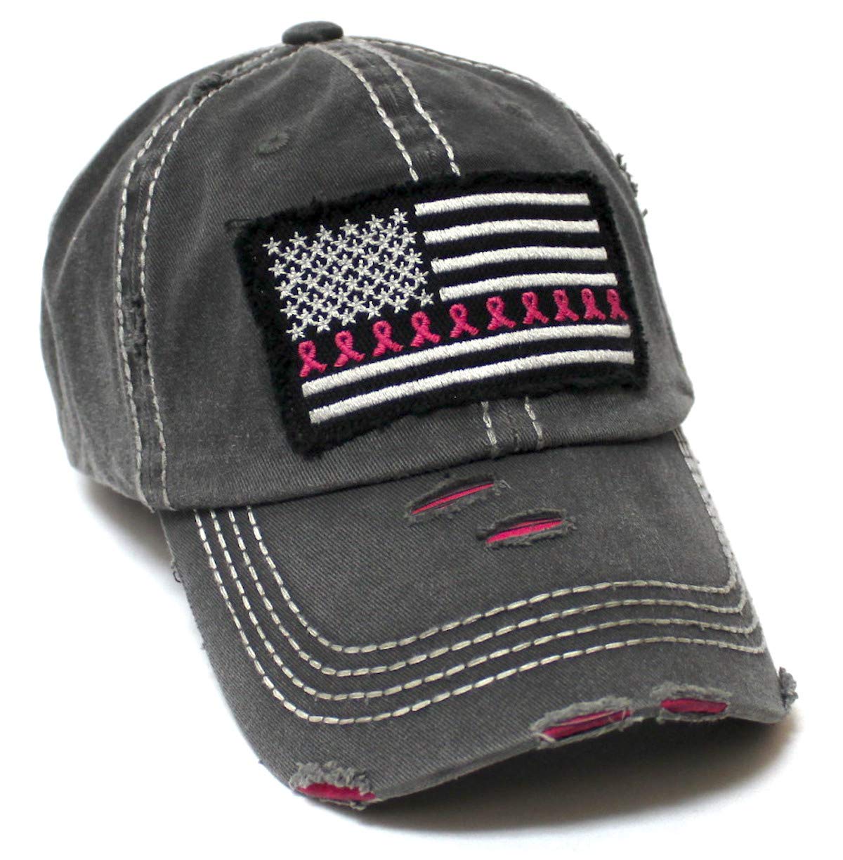Women's Breast Cancer Awareness Baseball Cap American Flag, Pink Ribbons Patch Embroidery Monogram Hat, Vintage Black