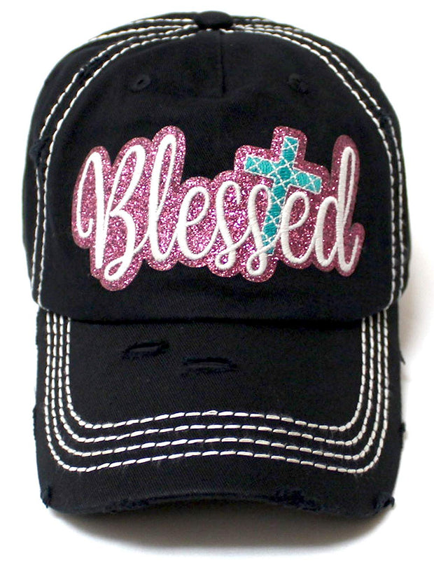 Women's Sparkle Blessed Glitter Ballcap Embellished Cross Monogram Embroidery, Black - Caps 'N Vintage 