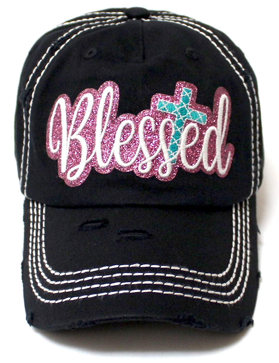 Women's Sparkle Blessed Glitter Ballcap Embellished Cross Monogram Embroidery, Black - Caps 'N Vintage 