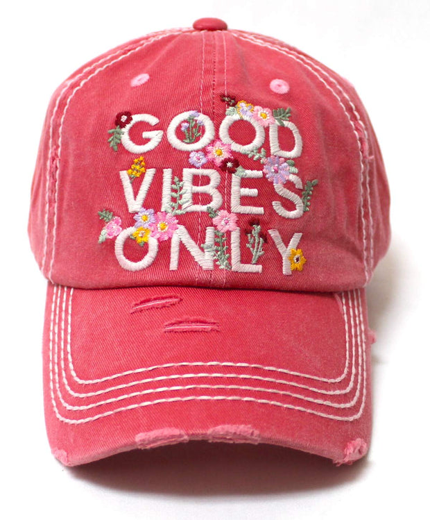 Women's Summer Ballcap Good Vibes Only Floral Monogram Embroidery Beach Hat, Rose Pink - Caps 'N Vintage 