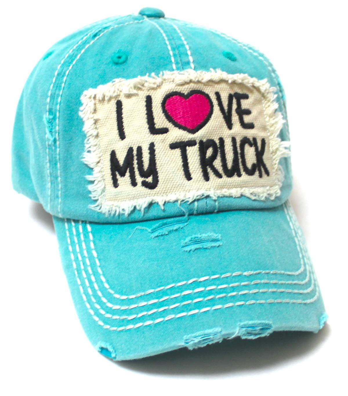 Women's Distressed Hat I Love My Truck Patch Embroidery Adjustable Cap, California Beach Blue - Caps 'N Vintage 