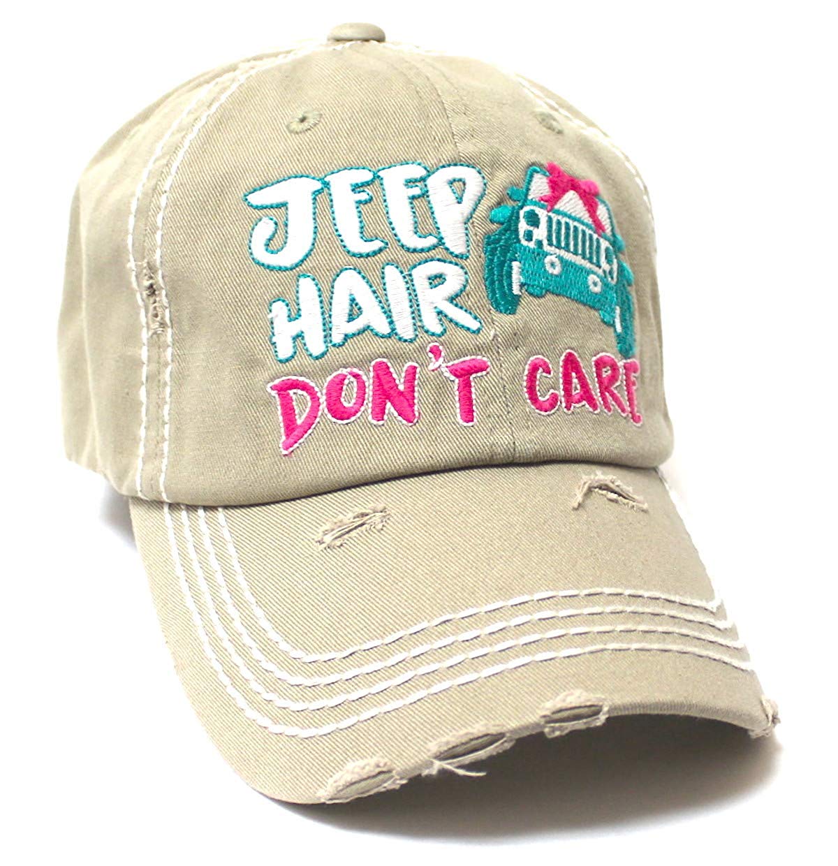 Ladies Bow-Tie Jeep Hair Don't Care Monogram Cheer Baseball Hat, Khaki - Caps 'N Vintage 