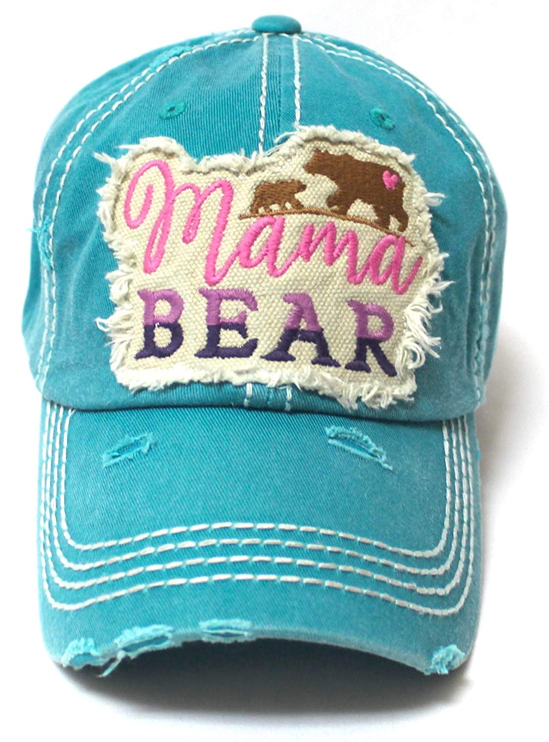 Women's Camping Cap Mama Bear & Cub Love Patch Embroidery Hat, Turquoise Jewel - Caps 'N Vintage 