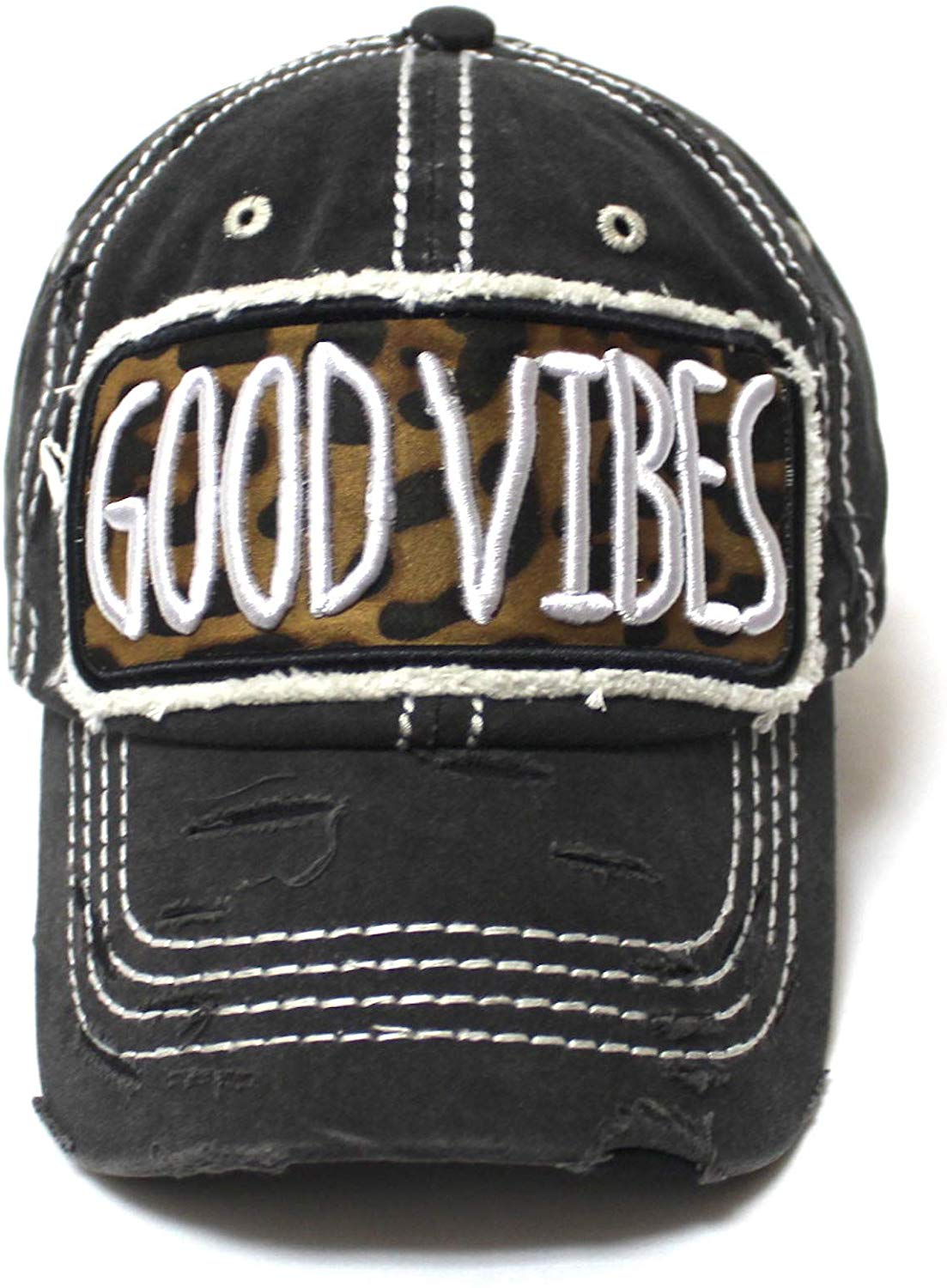 Leopard Print Good Vibes Monogram Patch Embroidery, Adjustable Baseball Hat, Vintage Black - Caps 'N Vintage 