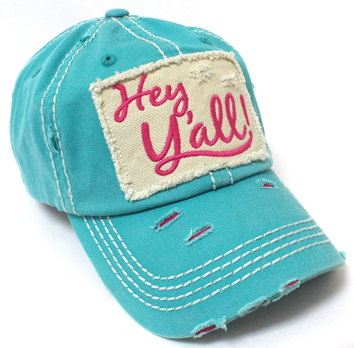 New!! Turquoise/Barbie Pink Hey Y'all! Patch Embroidery Hat - Caps 'N Vintage 