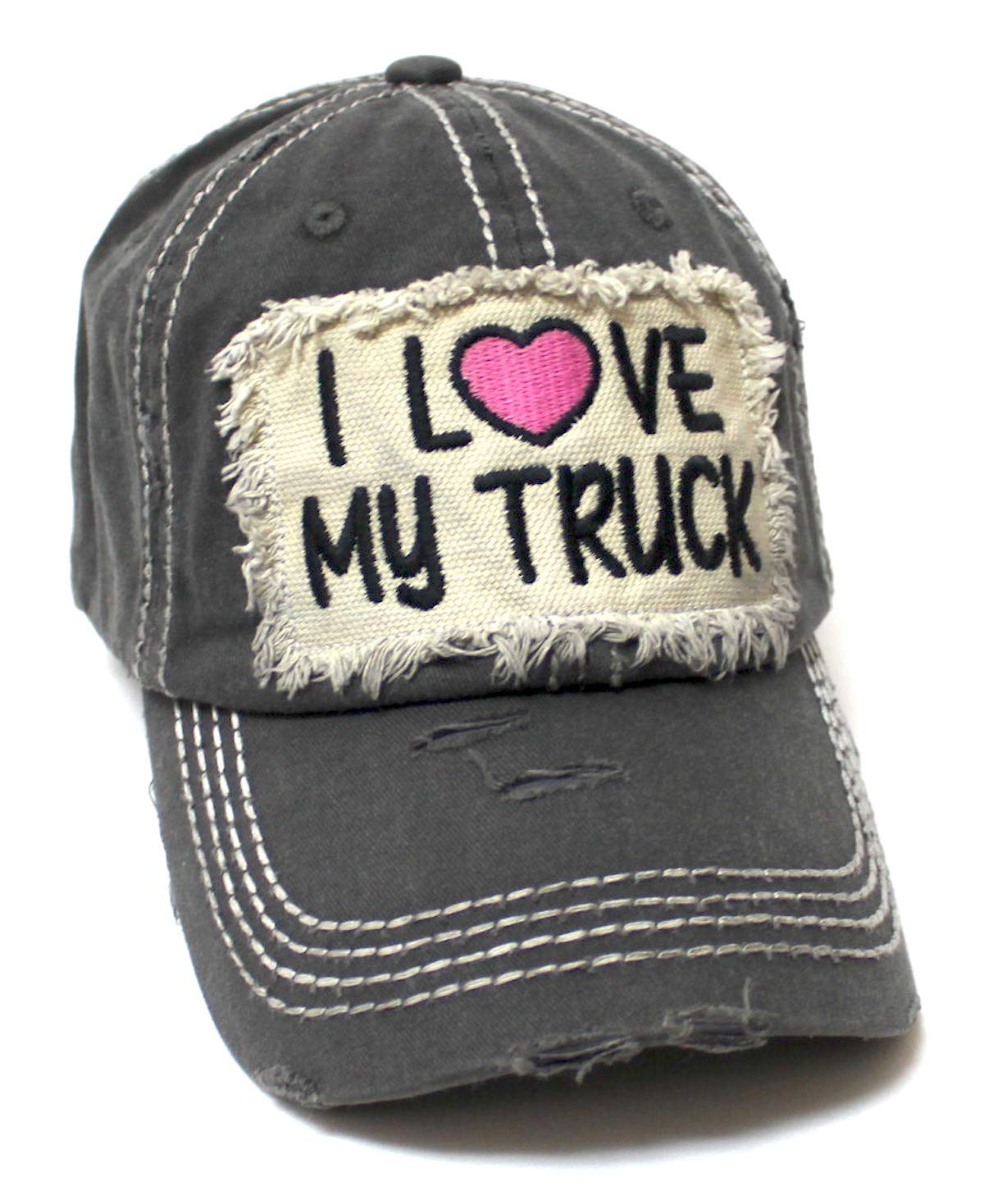 Women's Distressed Hat I Love My Truck Patch Embroidery Adjustable Cap, California Vintage Graphite - Caps 'N Vintage 