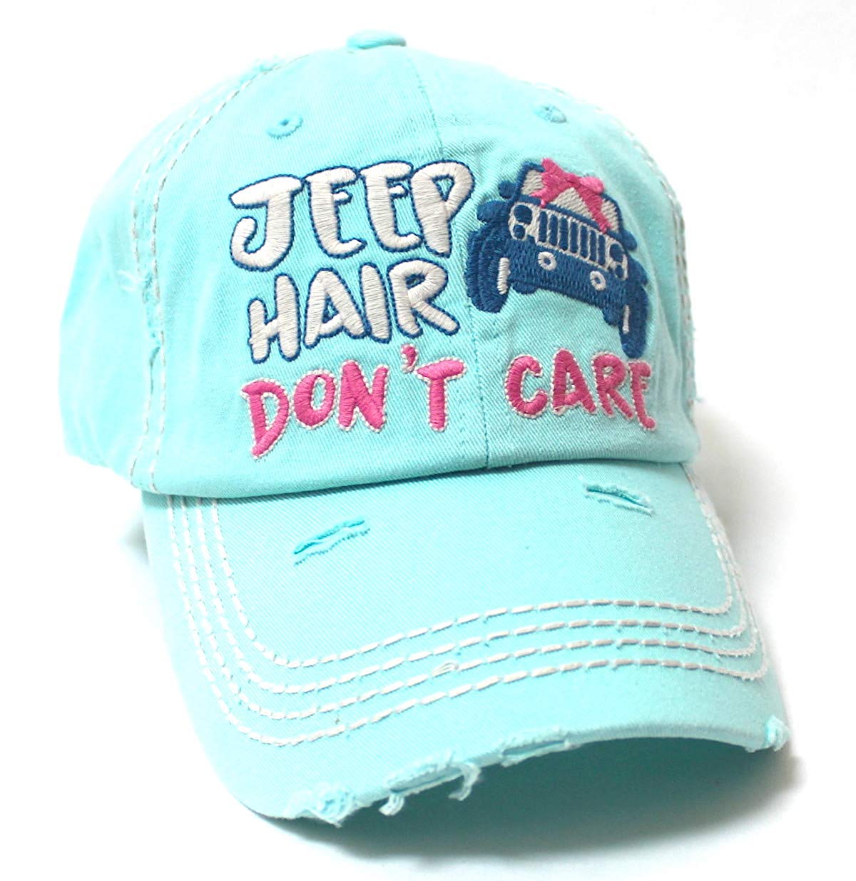 Ladies Bow-Tie Jeep Hair Don't Care Monogram Cheer Baseball Hat, Ice Mint Blue - Caps 'N Vintage 