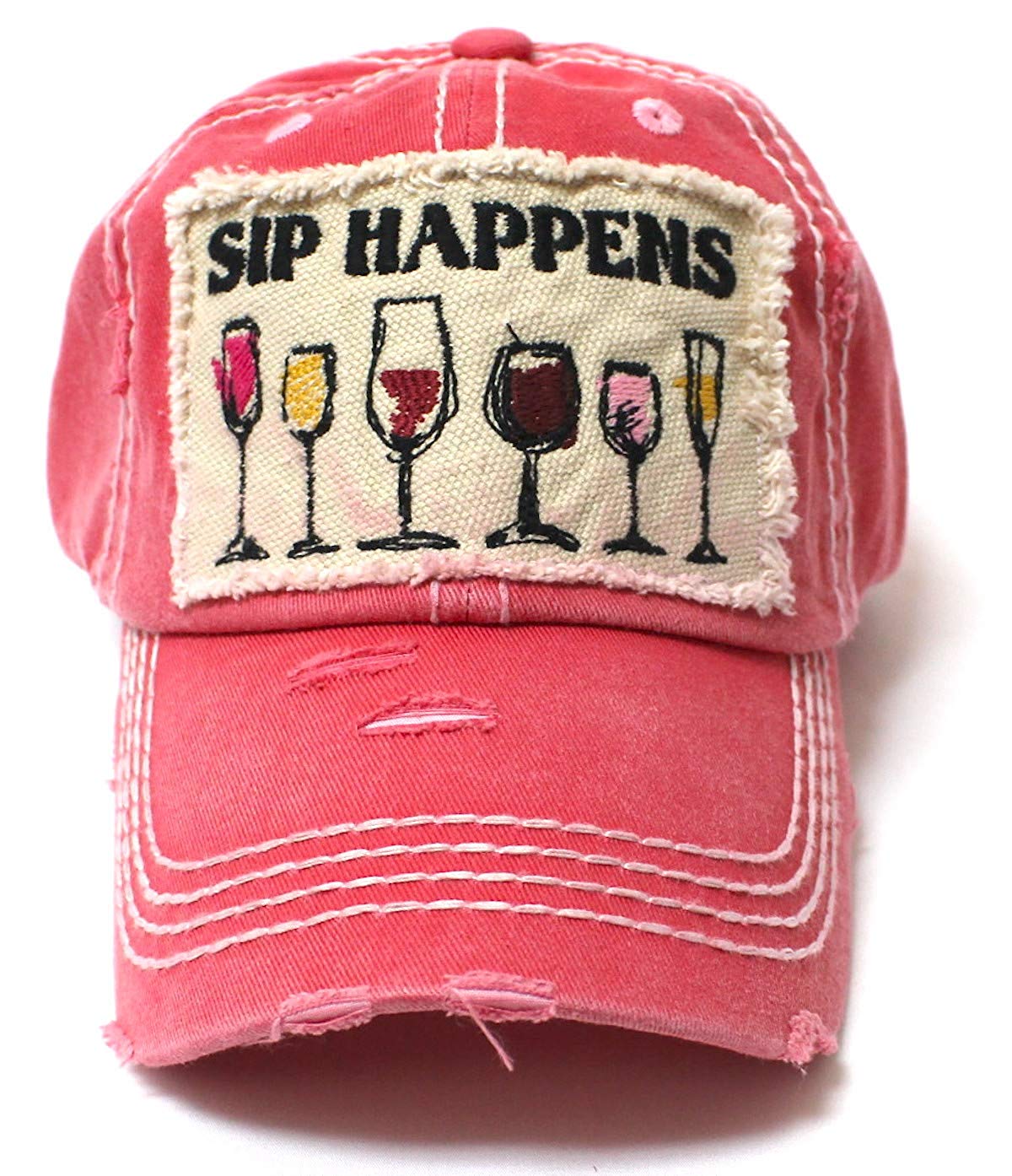 Rose Pink SIP Happens Patch Embroidery Cap w/Humor Wine Glasses - Caps 'N Vintage 