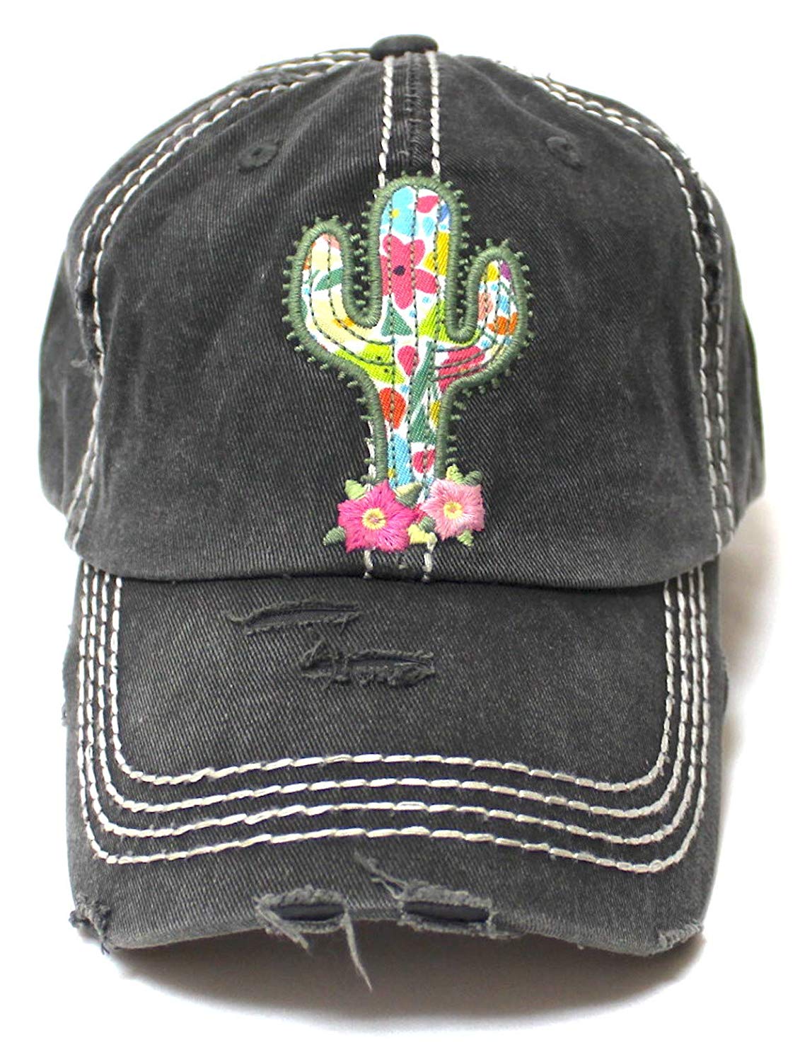 Cactus Floral Patchwork Embroidery Baseball Cap w/Monogram Bloom Detail, Charcoal - Caps 'N Vintage 