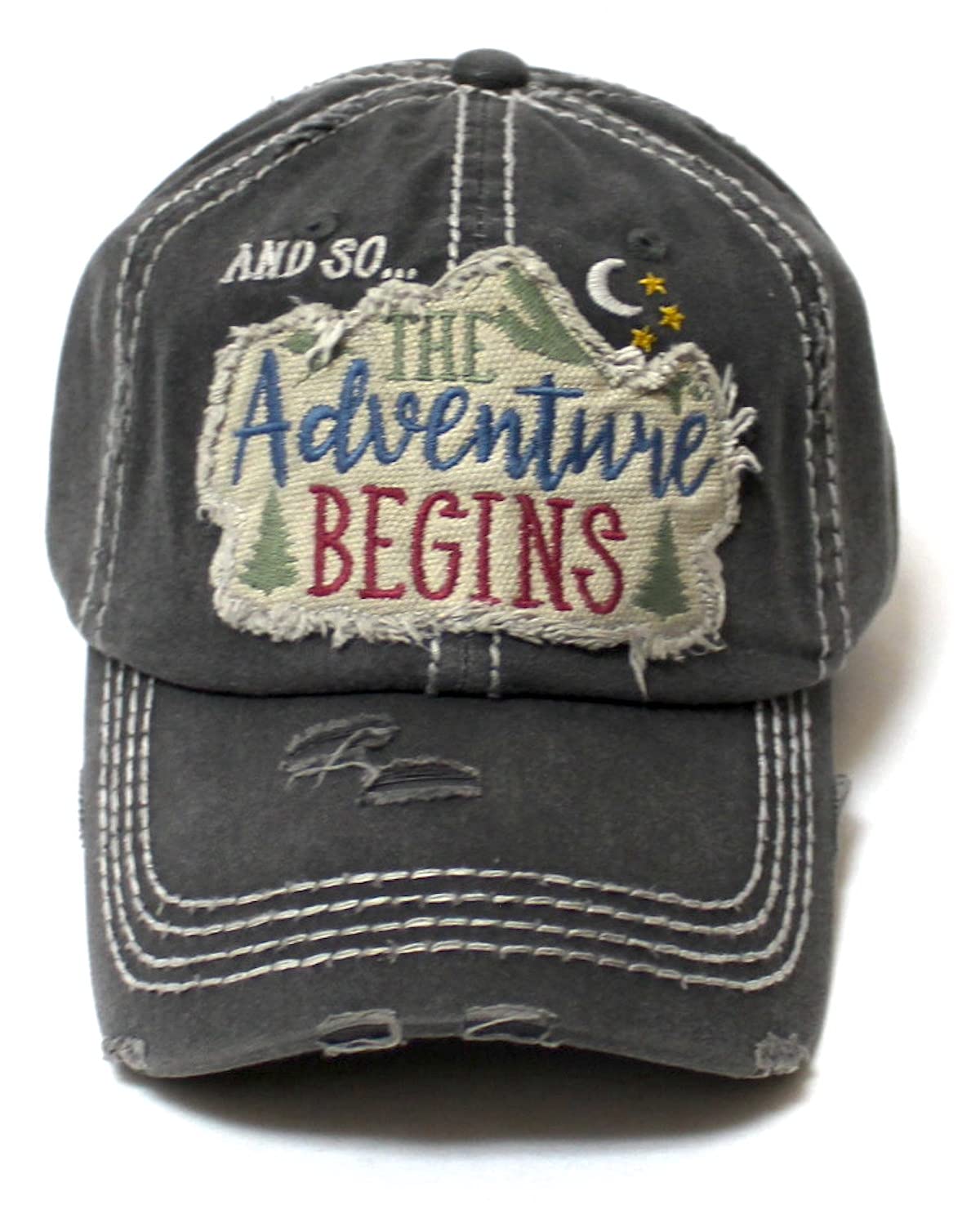 Women's Distressed Ballcap and So The Adventure Begins Camping Nature Patch Embroidery Hat, Charcoal - Caps 'N Vintage 
