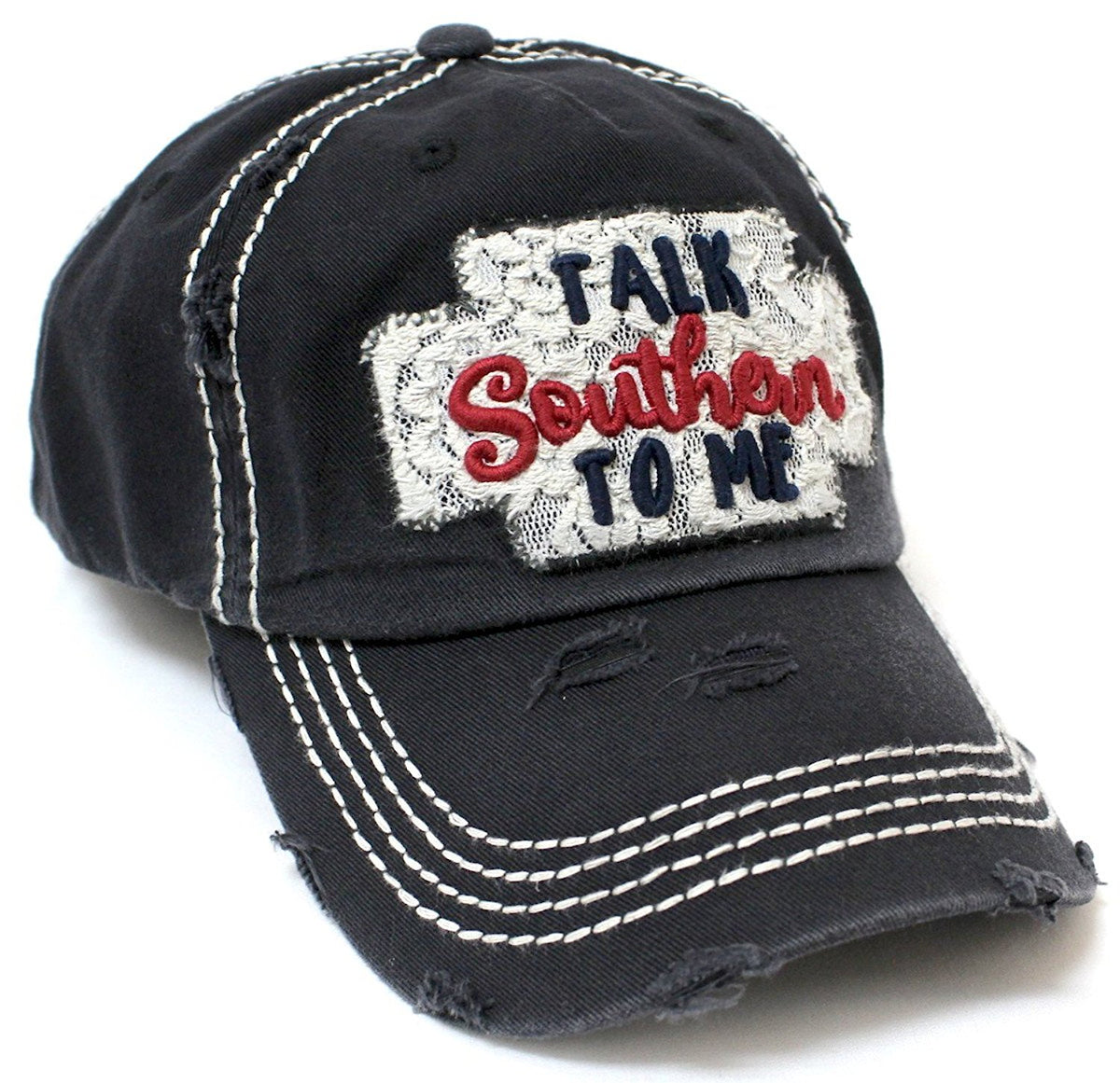CAPS 'N VINTAGE Women's Distressed Talk Southern To Me Lace Embroidery Vintage Cap-Blk - Caps 'N Vintage 