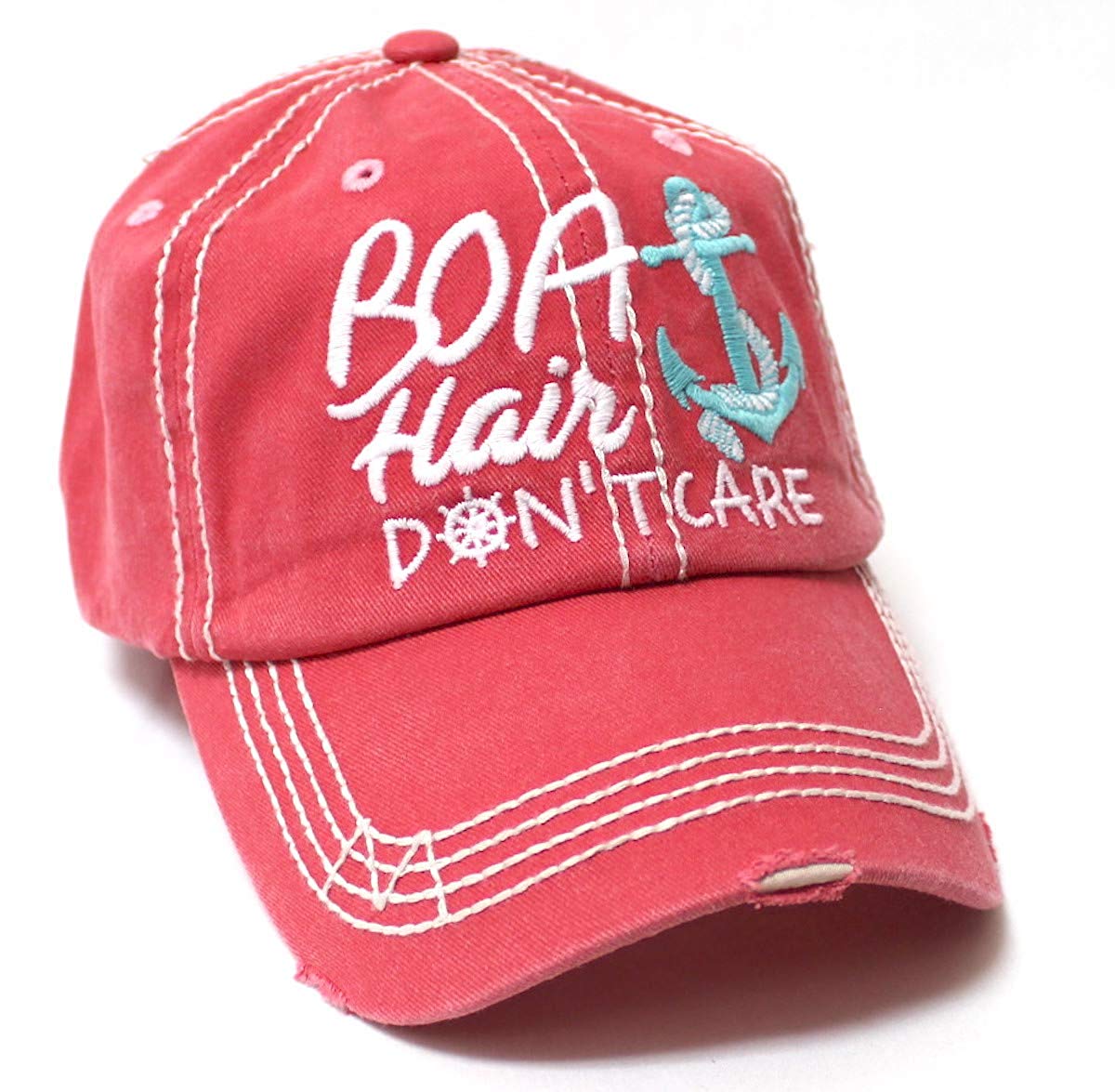 CAPS 'N VINTAGE Beach Accessory Boat Hair Don't Care Monogram Baseball Hat, Coral Rose - Caps 'N Vintage 