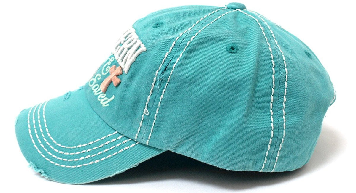 CAPS 'N VINTAGE Turquoise Southern Raised & Jesus Saved Cross Embroidery Hat - Caps 'N Vintage 