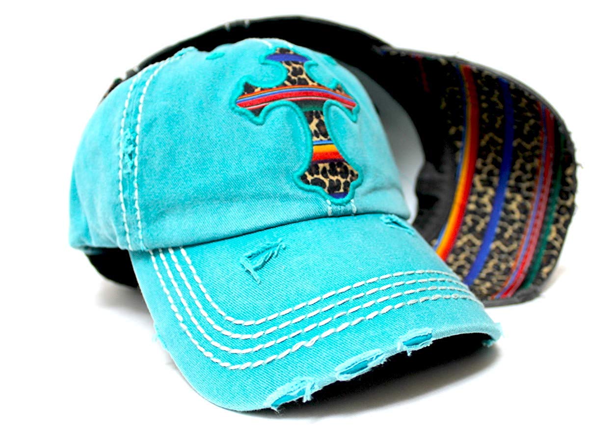 Classic Vintage Distressed Ballcap Christian Cross Monogram Embroidery, Serape & Leopard Patterned Adjustable Hat, Turquoise - Caps 'N Vintage 