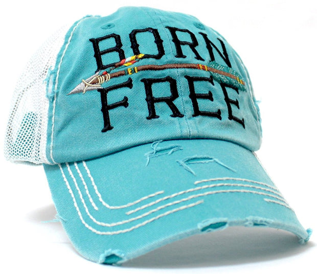 NEW!! OCEAN SUNSET COLLECTION--Turquoise Meshback "BORN FREE" Vintage Trucker Hat - Caps 'N Vintage 