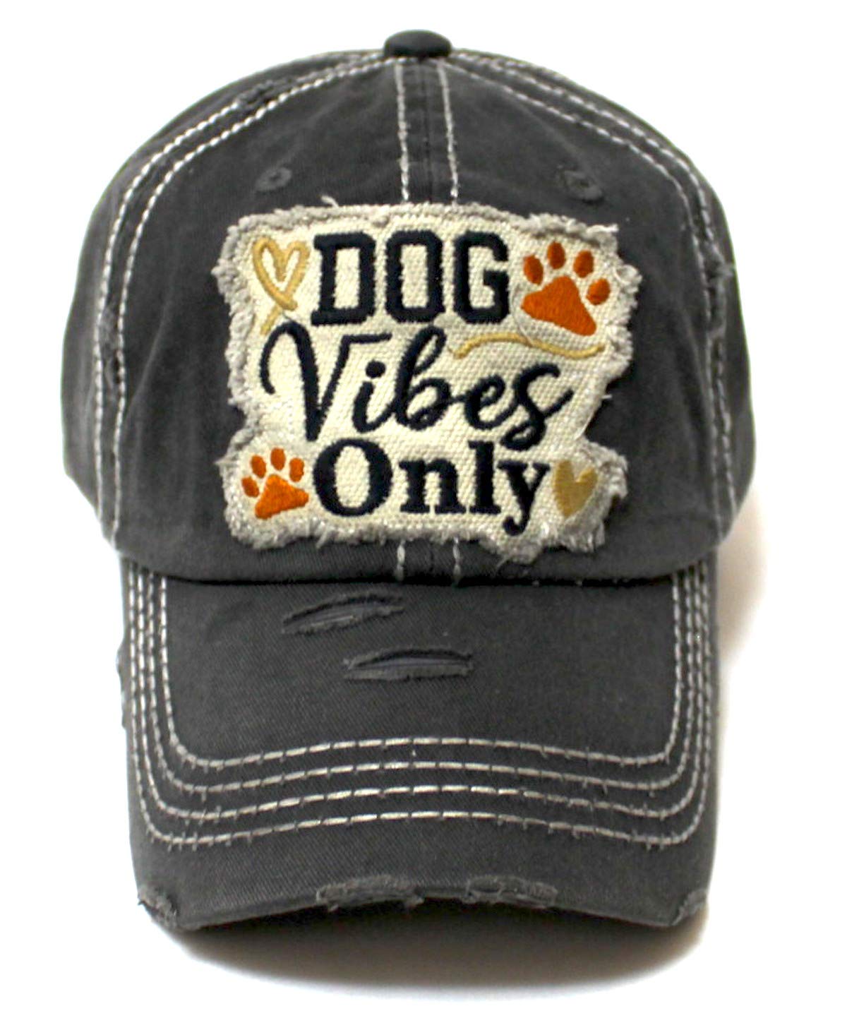 Classic Distressed Adjustable Baseball Cap Dog Vibes Only Hearts, Paws & Bone Monogram Hat, Vintage Black - Caps 'N Vintage 