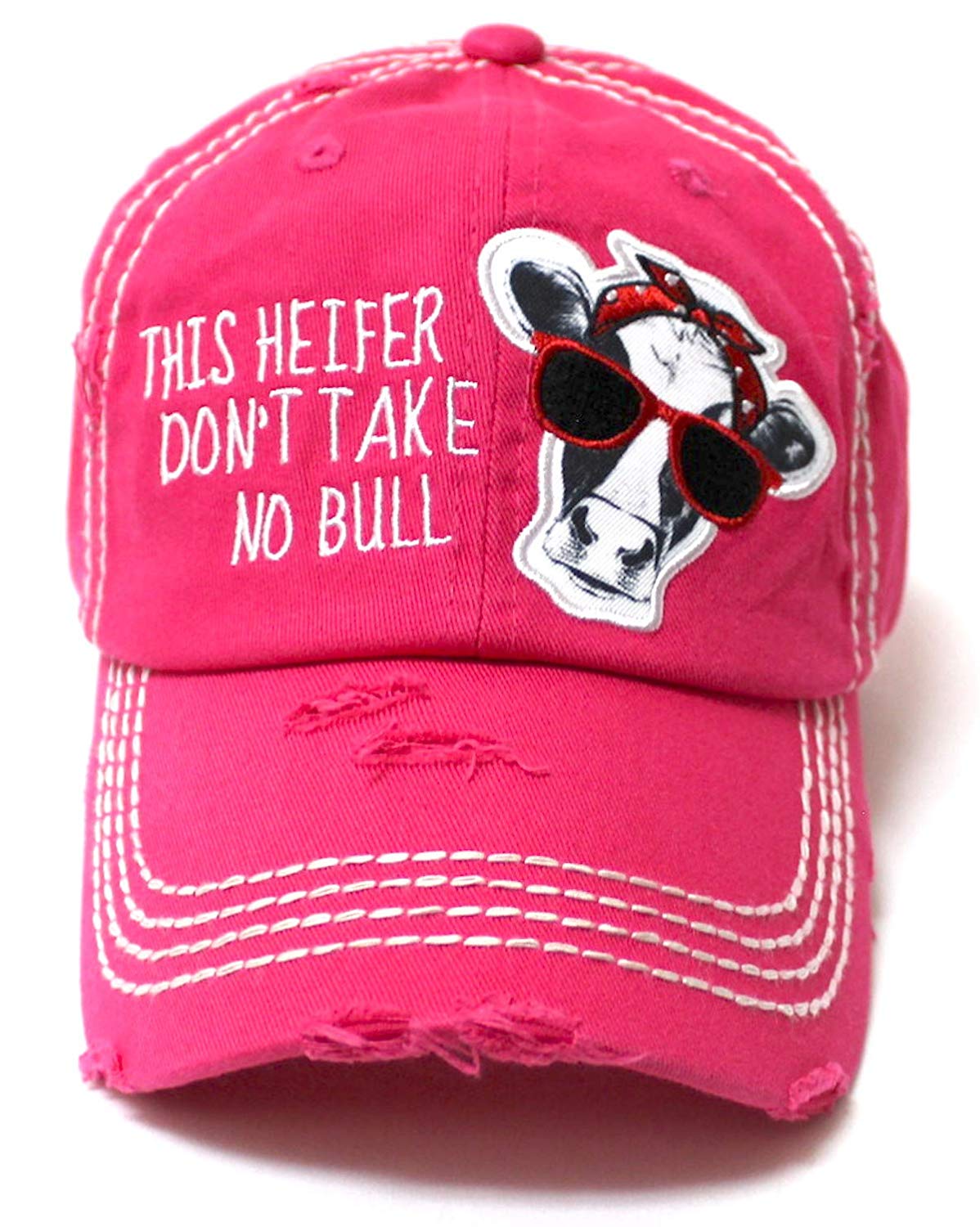 Country Humor Cap This Heifer Don't TAKE NO Bull Red Western Bandana Cow Patch Baseball Hat, Girl Pink - Caps 'N Vintage 