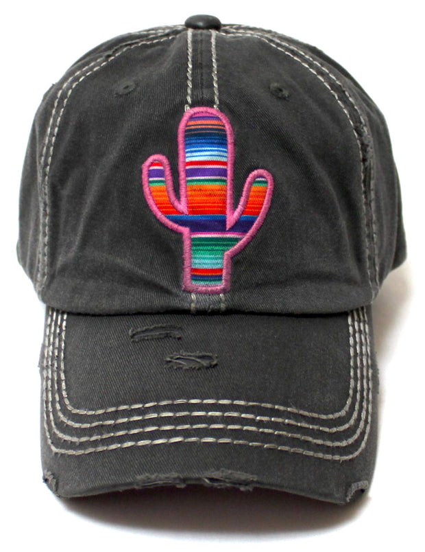 Women's Distressed Serape Patterned Cactus Monogram Embroidery Ballcap, Vintage Black - Caps 'N Vintage 