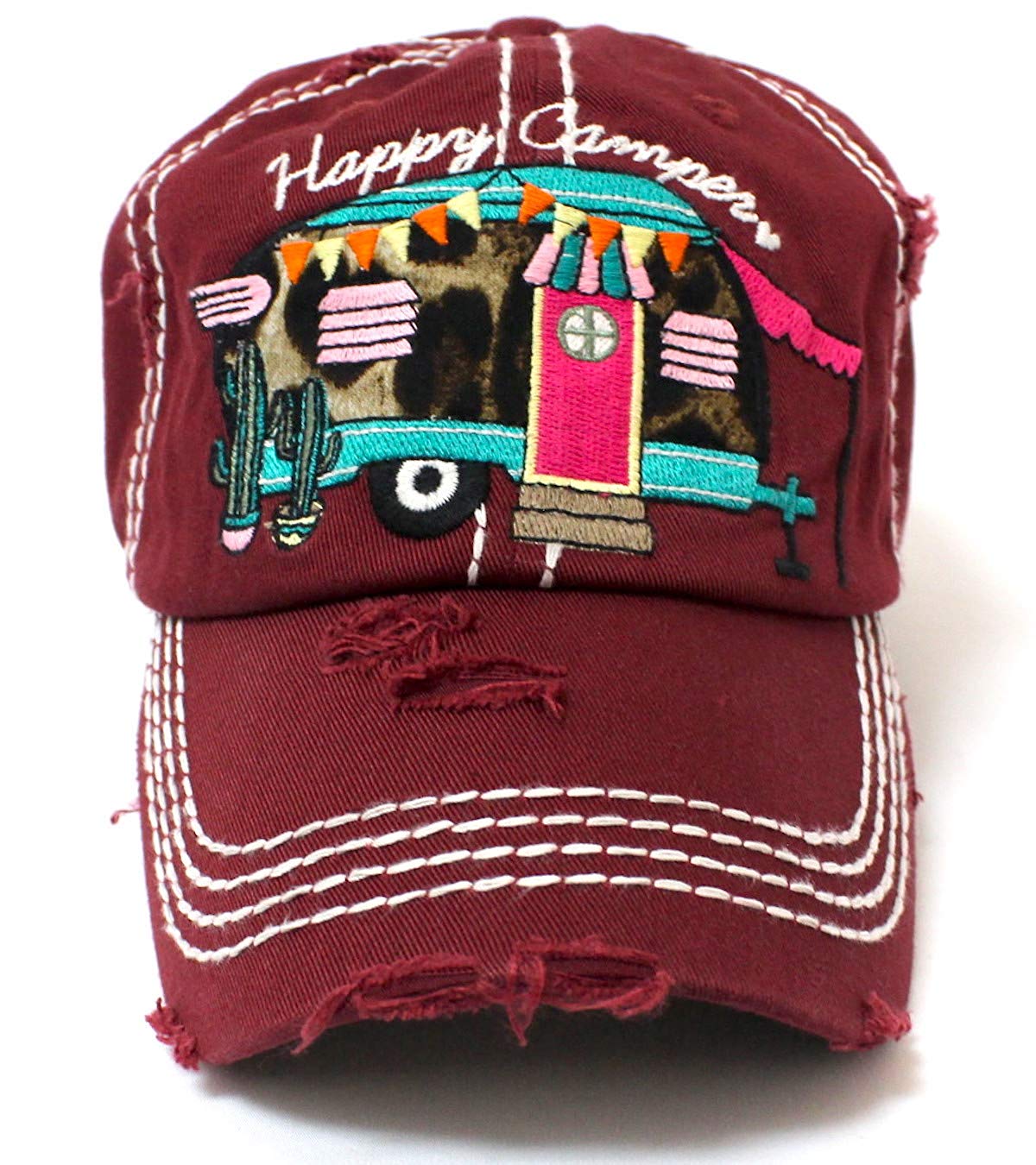 New!! Wine Cactus & Leopard Print Happy Camper Cap - Caps 'N Vintage 