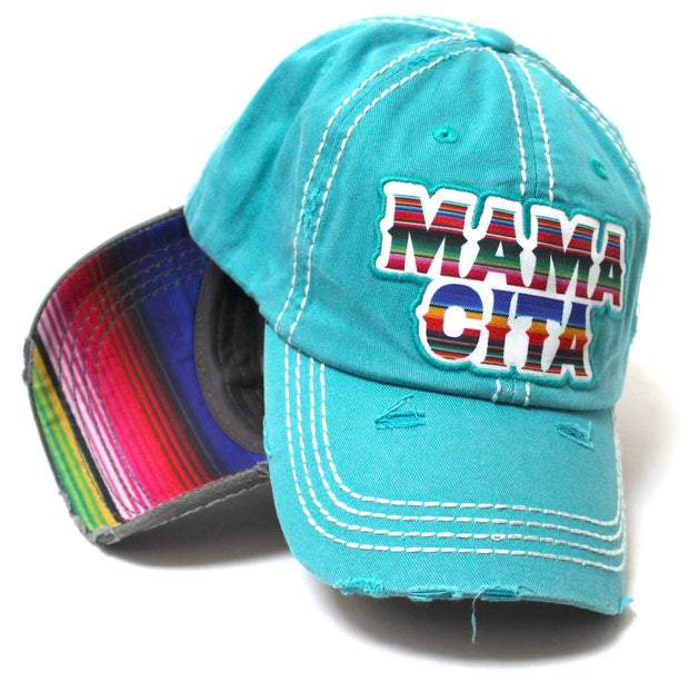 Women's Serape Themed Mamacita Monogram Embroidery Distressed Ballcap, Vintage Turquoise - Caps 'N Vintage 