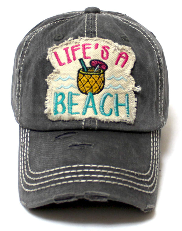 Women's Distressed Summer Cap Life's a Beach Aloha Pineapple Spirit Patch Embroidery Monogram Hat, Vintage Black - Caps 'N Vintage 