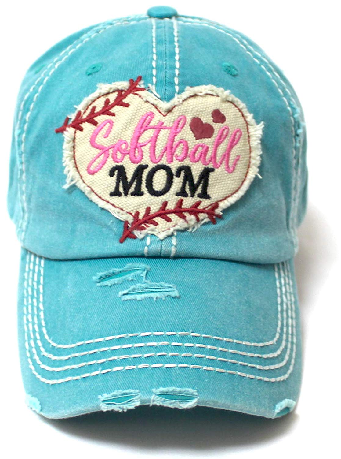 Women's Softball Mom Baseball Cap Heart Softball Patch Embroidery, Turquoise - Caps 'N Vintage 