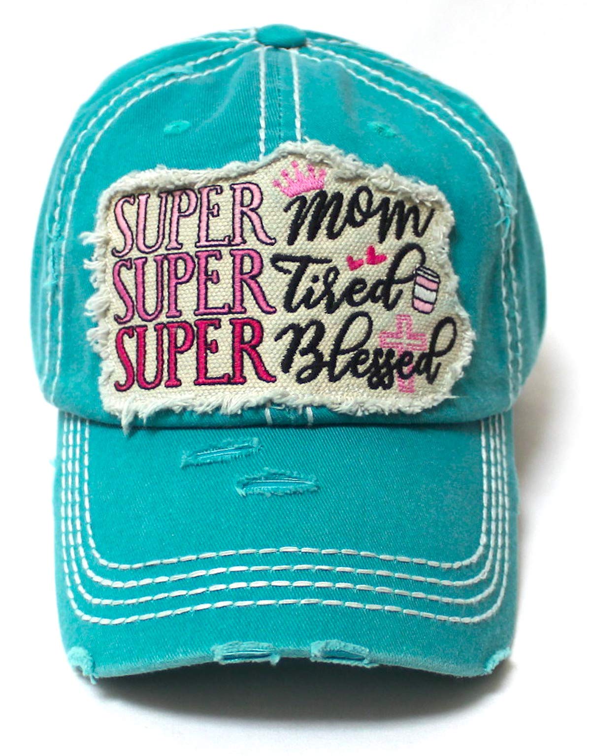 Women's Baseball Cap Super Mom, Super Tired, Super Blessed Patch Embroidery Hat, Jewel Turquoise - Caps 'N Vintage 