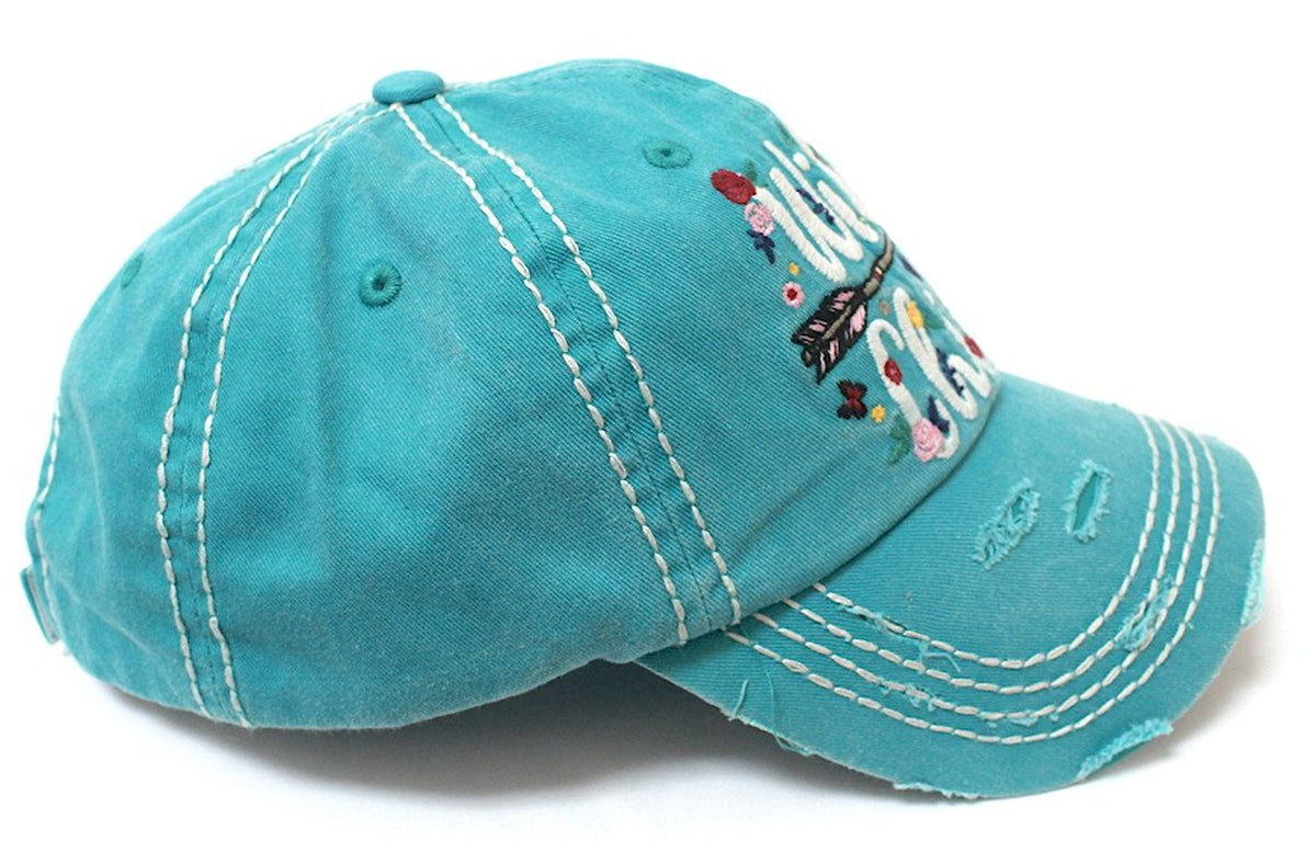 CAPS 'N VINTAGE New!! Turquoise Wild Child Floral Arrow Embroidery Cap - Caps 'N Vintage 