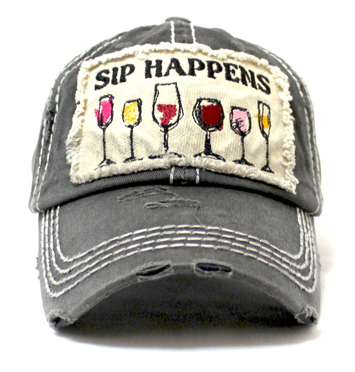 Charcoal SIP HAPPENS Wine Glass Patch Embroidery Hat - Caps 'N Vintage 