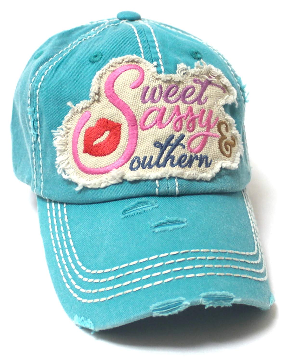 Women's Baseball Cap Sweet, Sassy & Southern Patch Embroidery Hat w/Red Kissy Lip Monogram, Turuoise - Caps 'N Vintage 