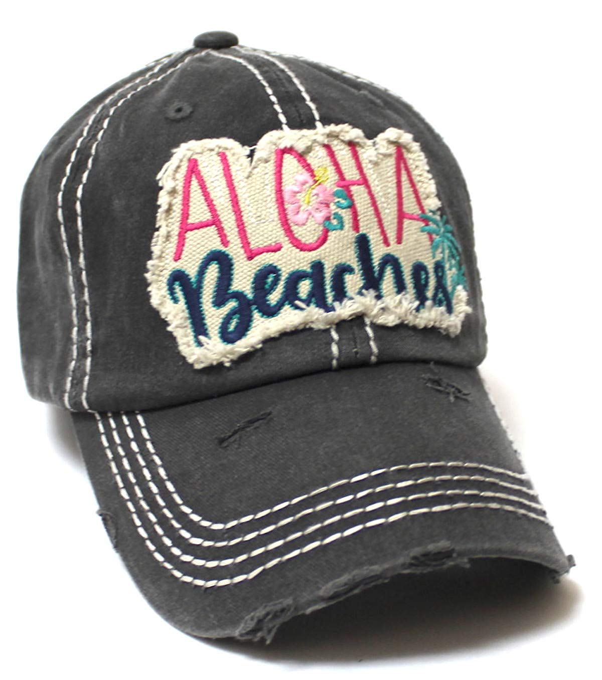 Aloha Beaches Patch Embroidery Distressed Baseball Hat, Vintage Black - Caps 'N Vintage 
