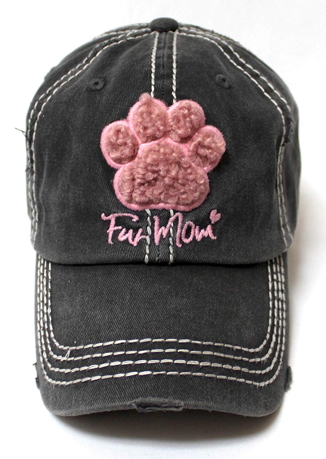 Women's Distressed Graphic Cap Fur Mom Fuzzy Dog Paw Embroidery