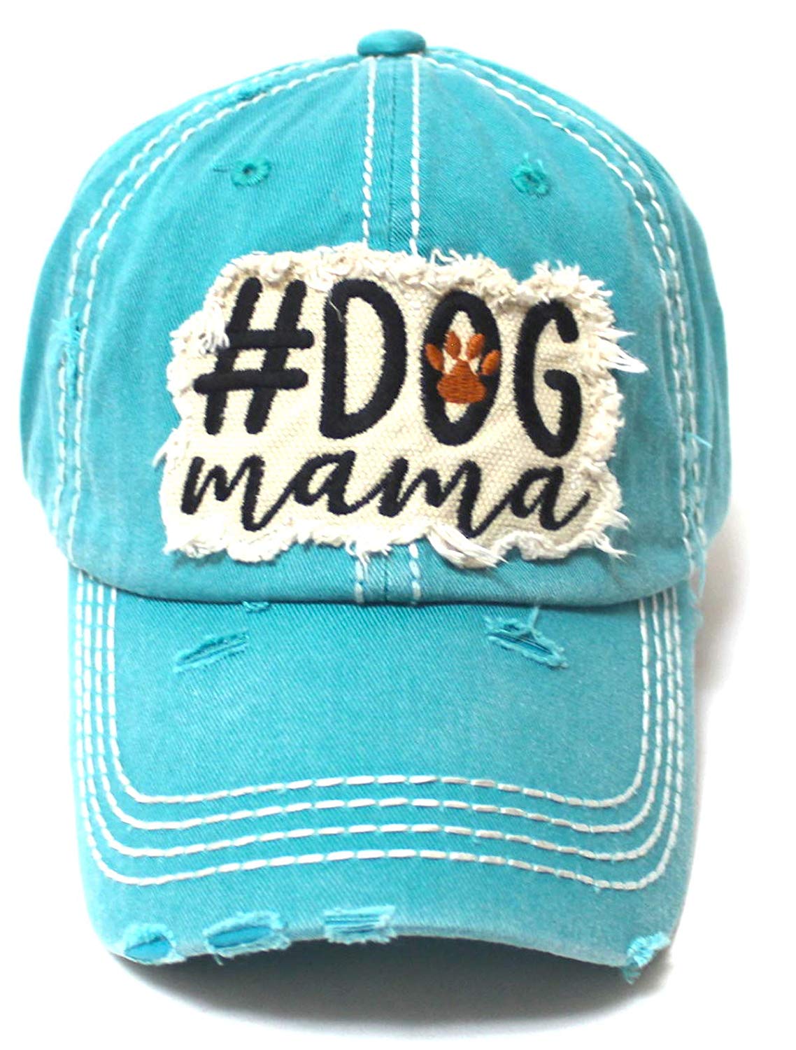 Women's Ballcap #Dog Mama Paw Print Patch Embroidery Unconstructed Hat, Turquoise - Caps 'N Vintage 