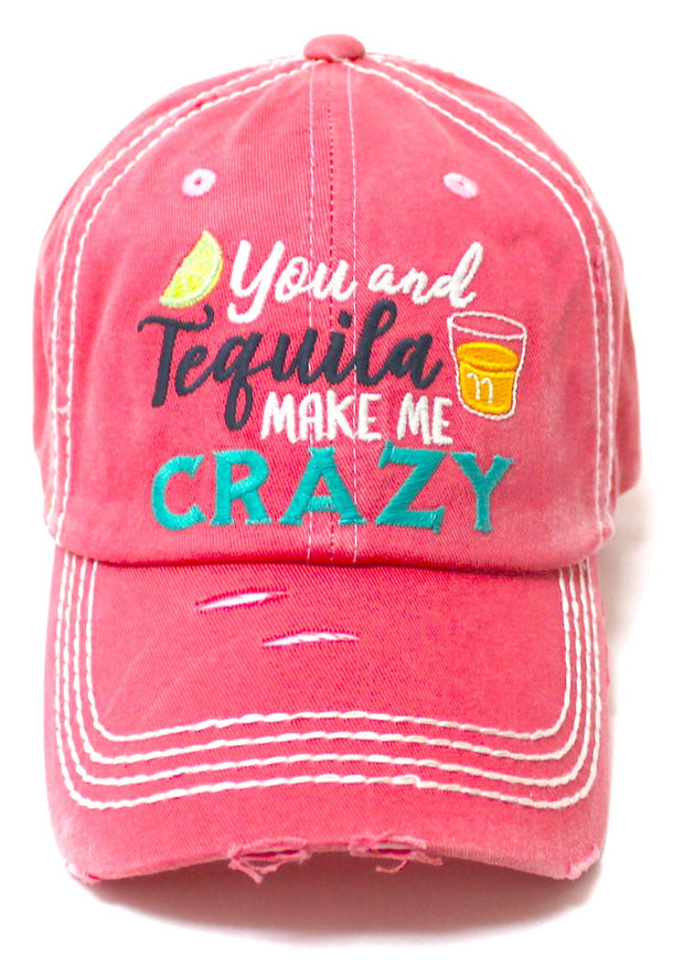 Women's Vintage Beach Cap You Make Me Crazy Lime & Margs Monogram Embroidery Baseball Hat, Coral Rose - Caps 'N Vintage 
