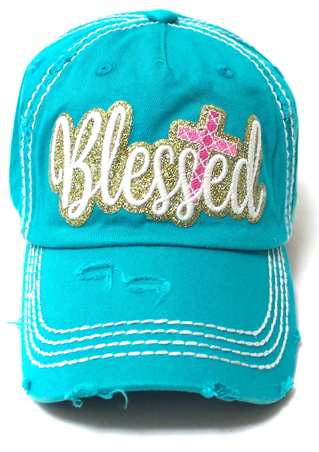 Women's Sparkle Blessed Glitter Ballcap Embellished Cross Monogram Embroidery, Turquoise - Caps 'N Vintage 