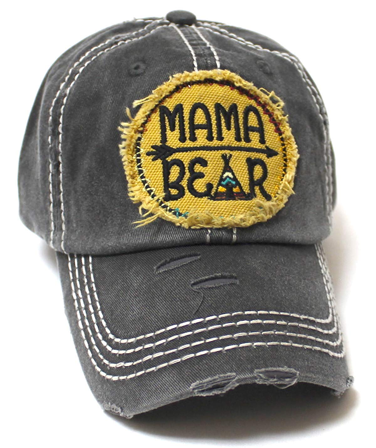 Women's Camping Cap Tribal Bohemian Mama Bear Patch Embroidery Hat, Graphite - Caps 'N Vintage 