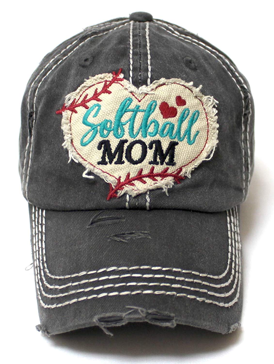 CAPS 'N VINTAGE Women's Softball Mom Baseball Cap Heart Softball Patch Embroidery, Black - Caps 'N Vintage 