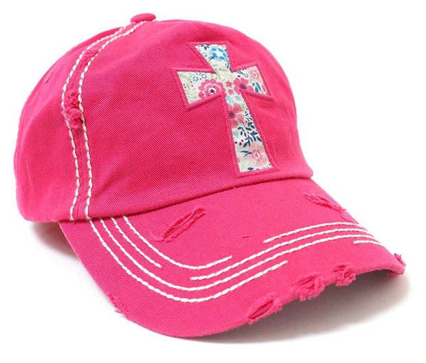 HOT Pink Floral Pattern Cross Cap - Caps 'N Vintage 