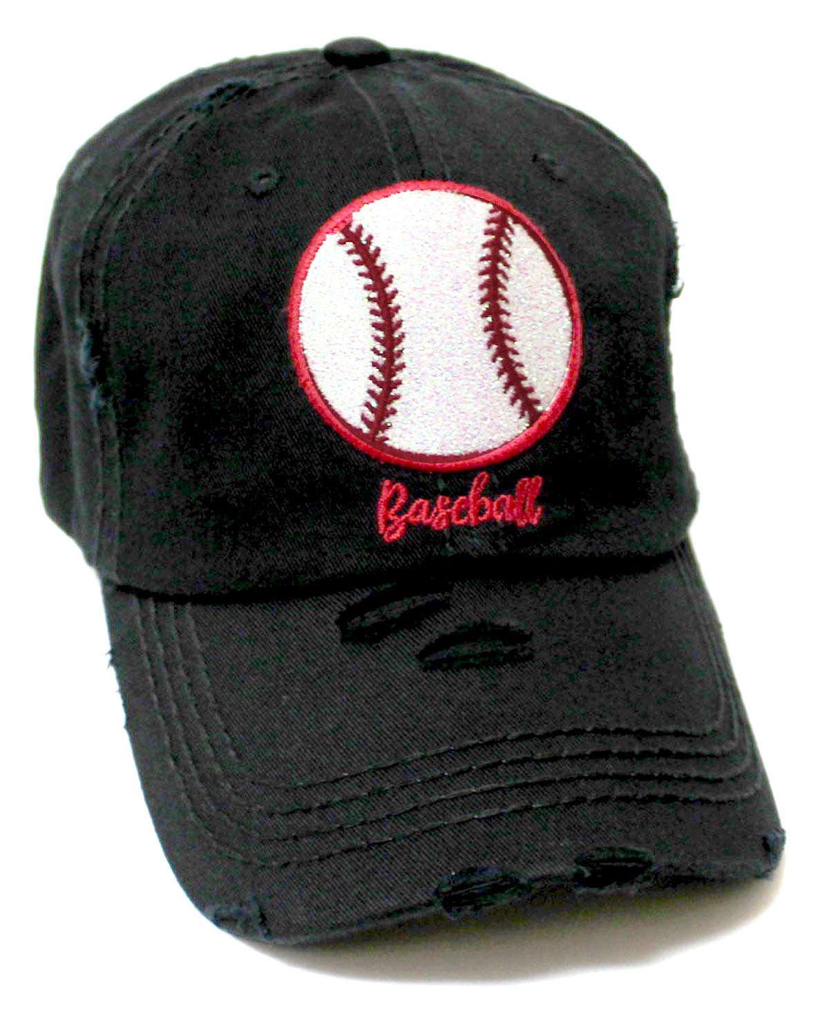Distressed Baseball Hat Sparkle Ball Embroidery Baseball Monogram Vintage Hat, Pitch Black - Caps 'N Vintage 