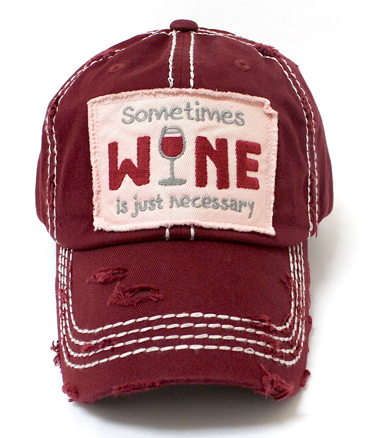 CAPS 'N VINTAGE Deep Wine-Red Sometimes Wine is Just Necessary Patch Embroidery Hat w/Wine Glass Monogram Back - Caps 'N Vintage 