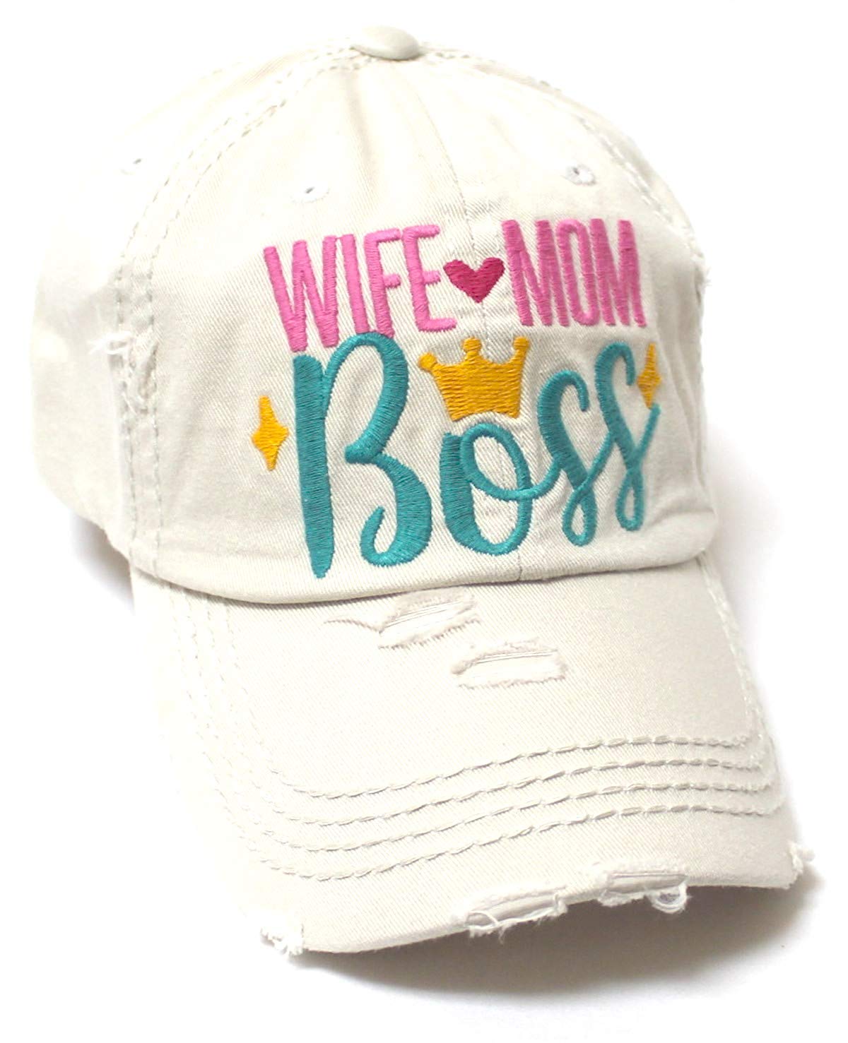 Women's Ballcap Wife Mom Boss Queen Crown Embroidery Hat, Stone - Caps 'N Vintage 