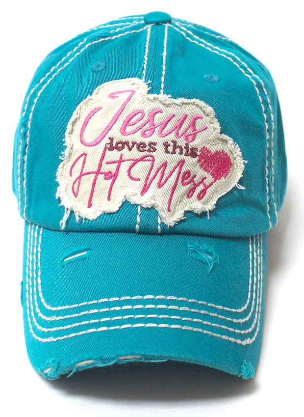 Women's Baseball Cap Jesus Loves This Hot Mess Heart Patch Embroidery Hat, Turquoise Jewel - Caps 'N Vintage 