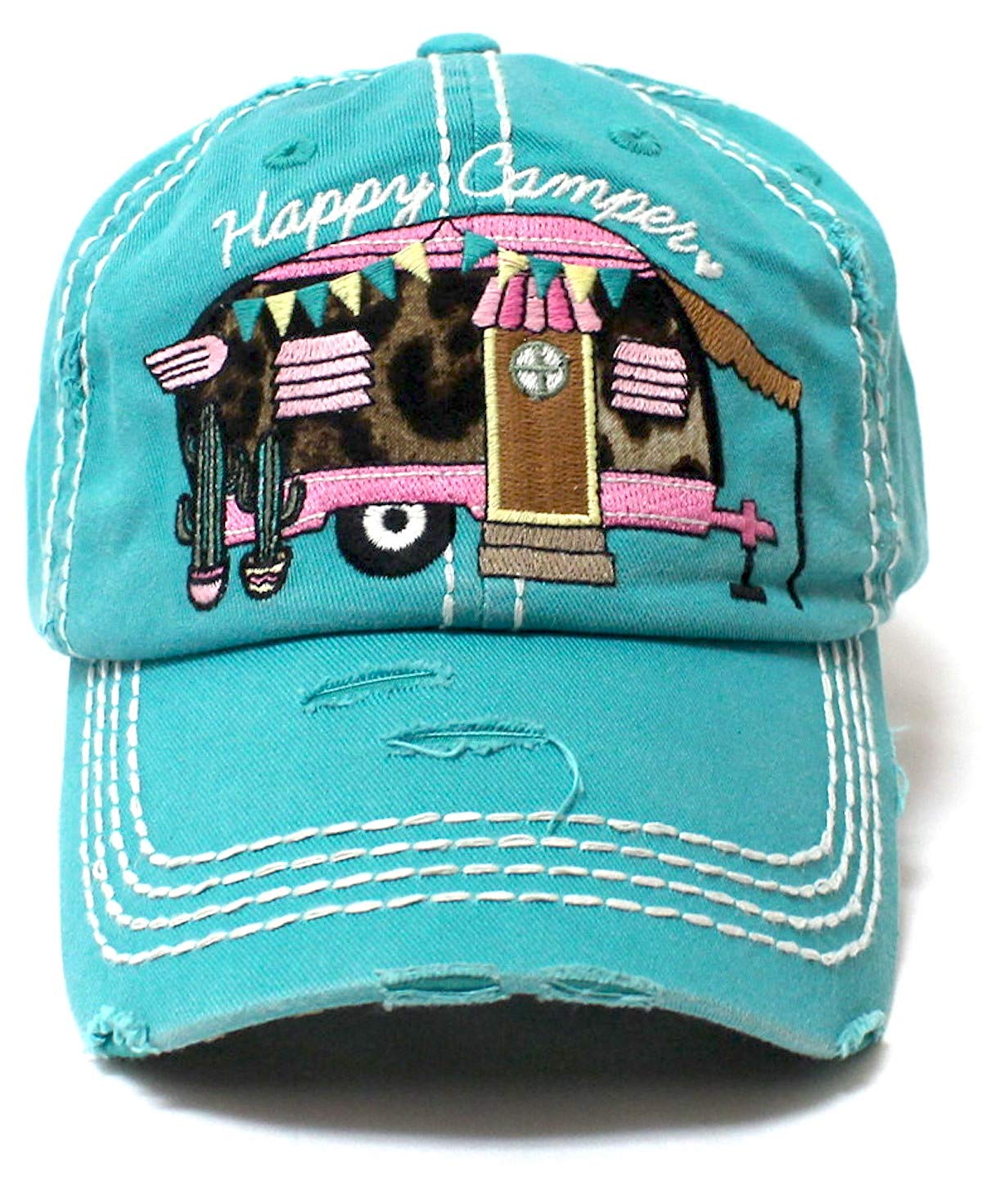 New! Turquoise Cactus & Leopard Happy Camper Baseball Hat - Caps 'N Vintage 