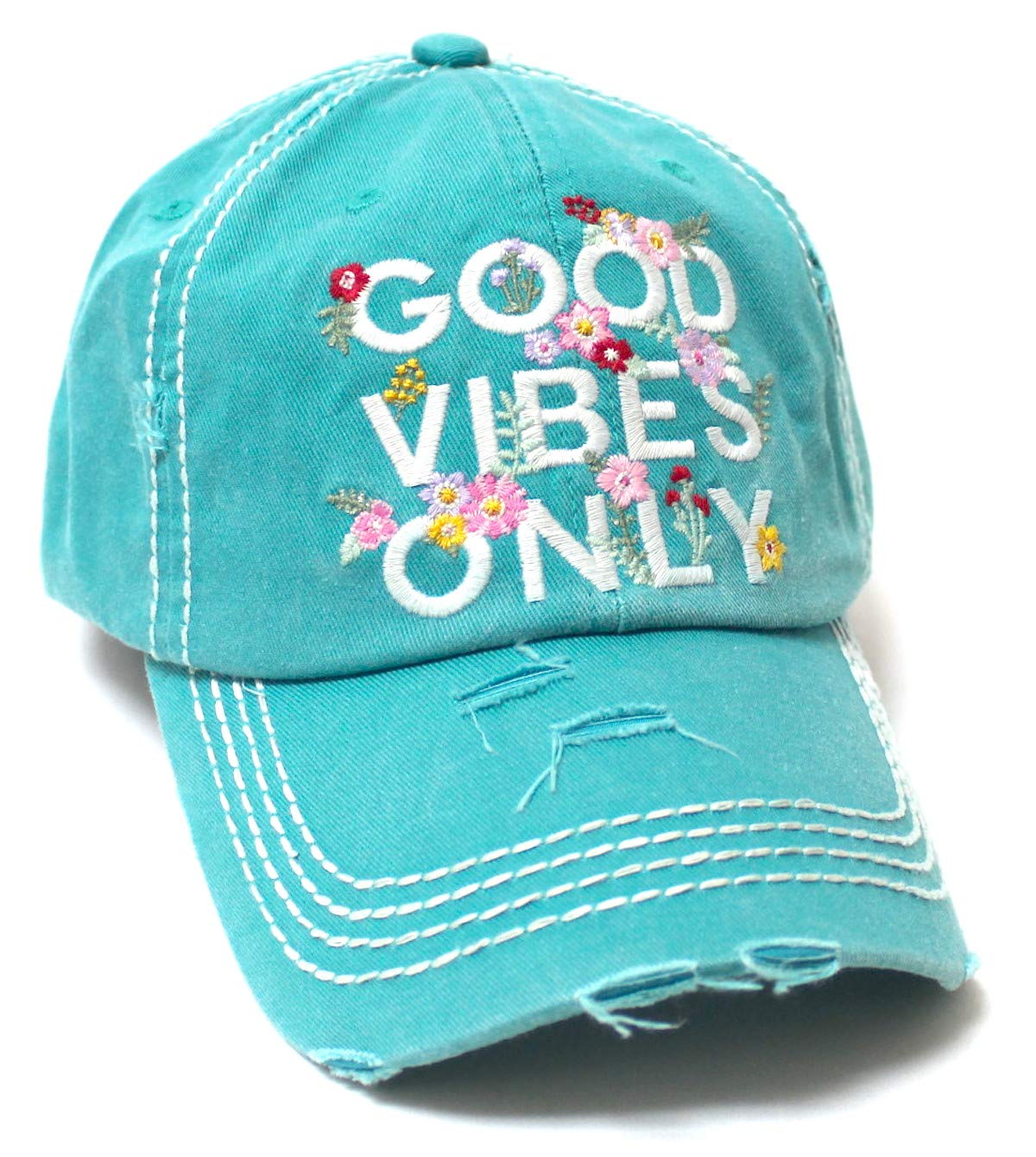 Women's Summer Ballcap Good Vibes Only Floral Monogram Embroidery Beach Hat, Ocean Blue - Caps 'N Vintage 