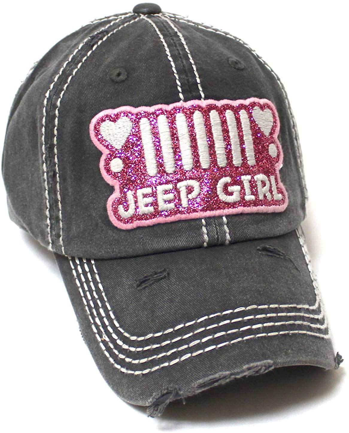 Women's Ballcap Jeep Girl Pink Glitter, Hearts Patch Embroidery Hat, Vintage Black - Caps 'N Vintage 