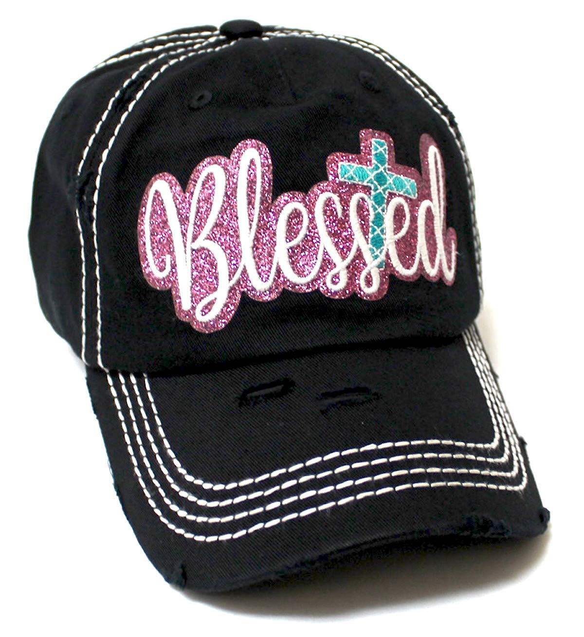 Women's Sparkle Blessed Glitter Ballcap Embellished Cross Monogram Embroidery, Black - Caps 'N Vintage 
