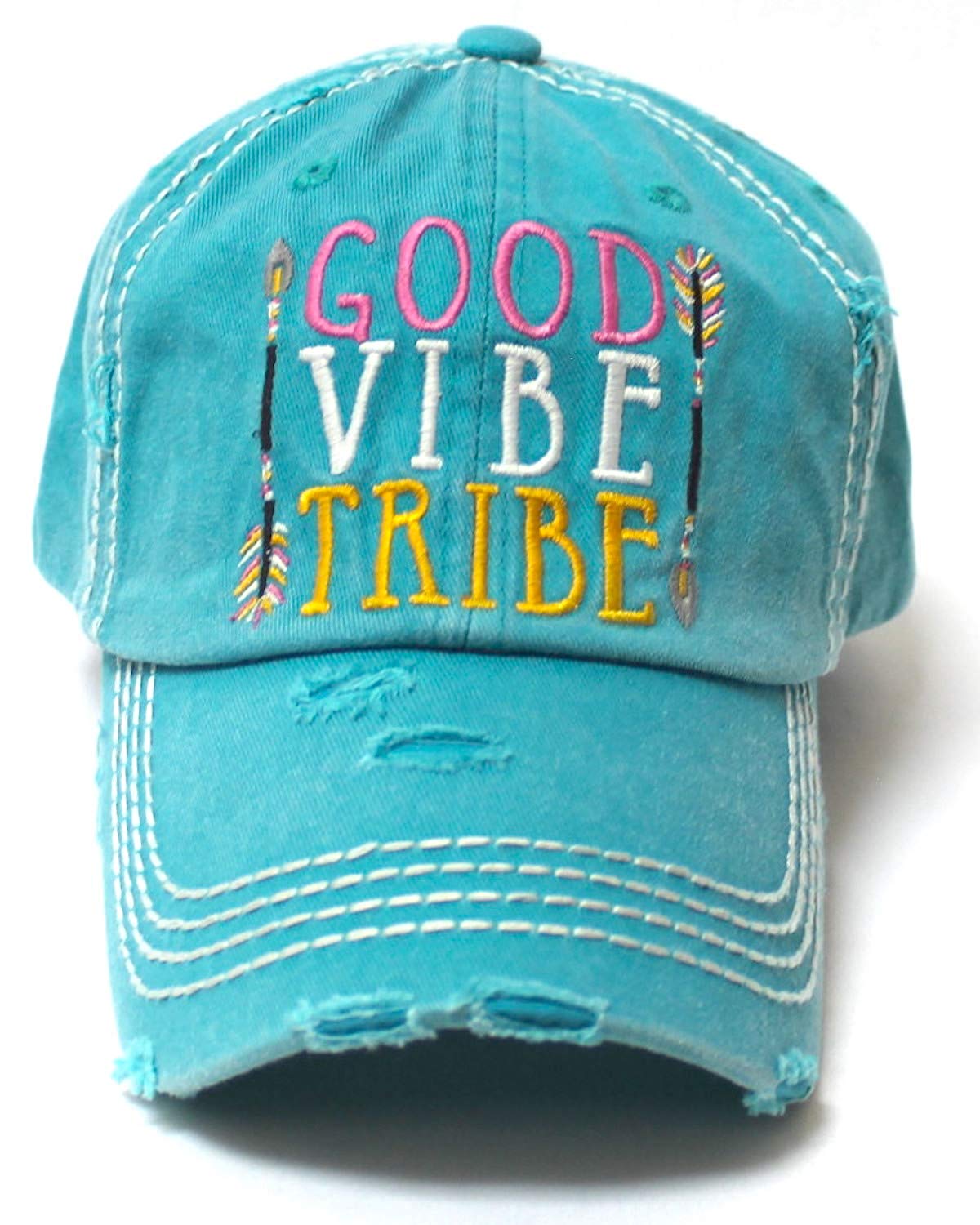 Women's Camping Cap Good Vibe Tribe Tribal Ethnic Arrow Monogram Embroidery Hat, Turquoise - Caps 'N Vintage 