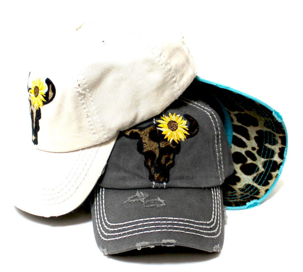 Women's Leopard Print Cow Skull Sunflower Monogram Embroidery Adjustable Hat, Vintage Black