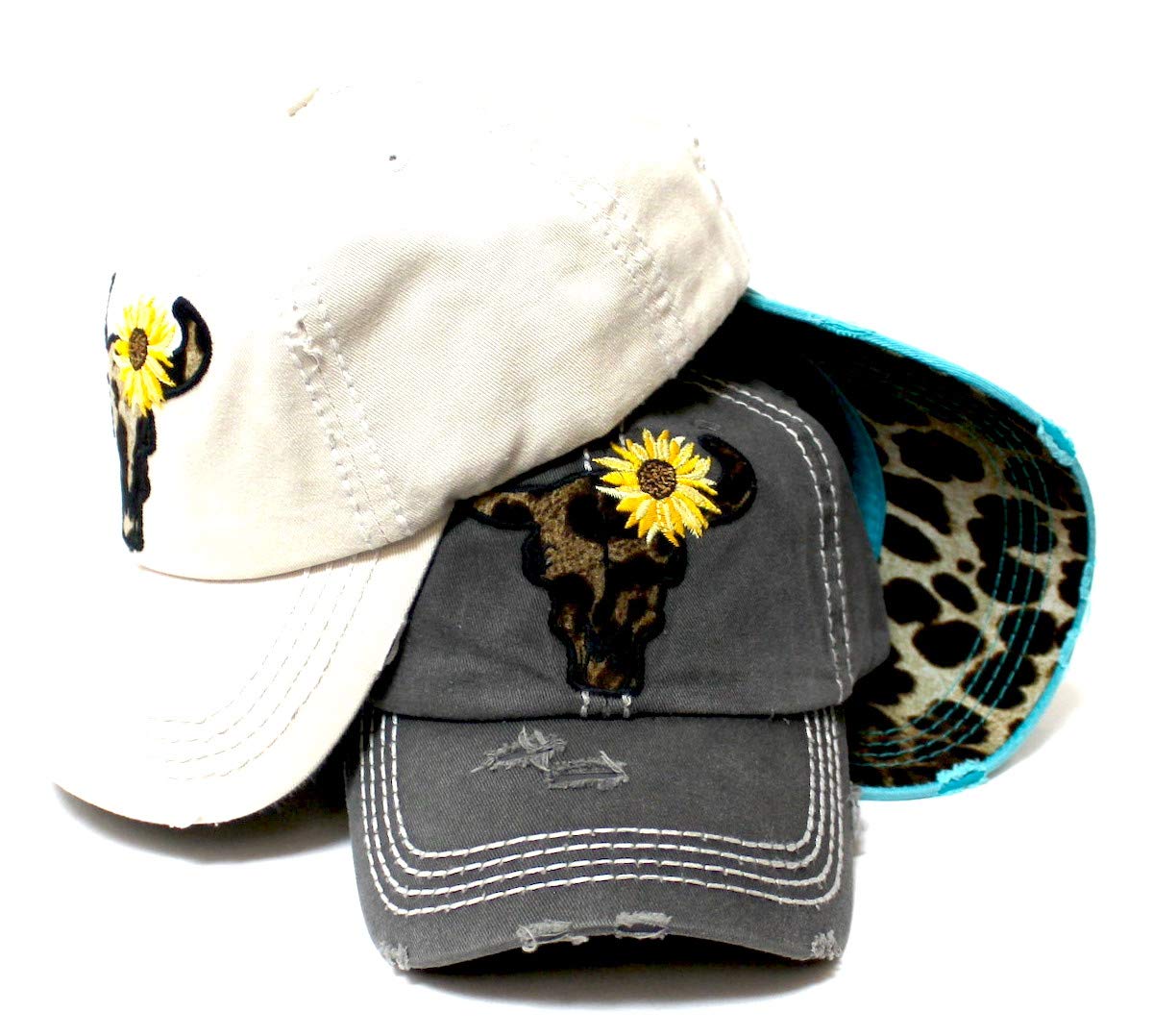 Women's Leopard Print Cow Skull Sunflower Monogram Embroidery Adjustable Hat, Vintage Black
