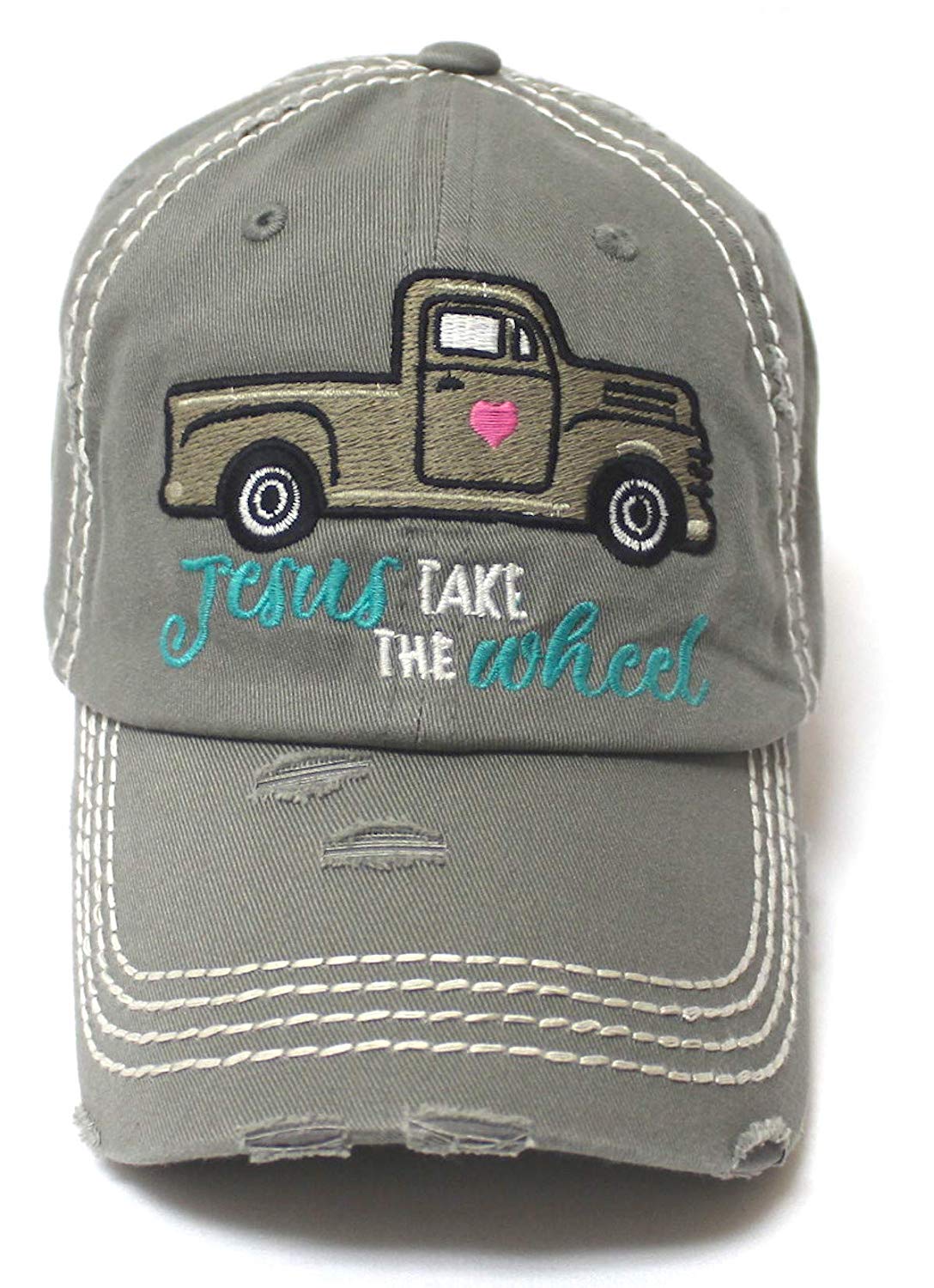 CAPS 'N VINTAGE Women's Camping Cap Jesus Take The Wheel Truck Heart Embroidery Hat, Slate Grey - Caps 'N Vintage 